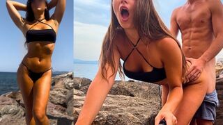 Híres influenszer (jegyes lány) hátsó nyílásba kapja szardínia sziklái mögött